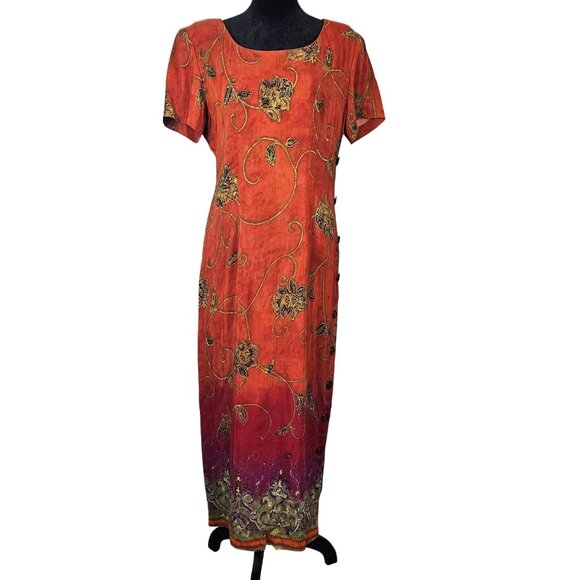 Vintage S.L. Fashions Womens Orange Floral Midi Dress Size 8 Side Buttons Casual - Picture 1 of 10